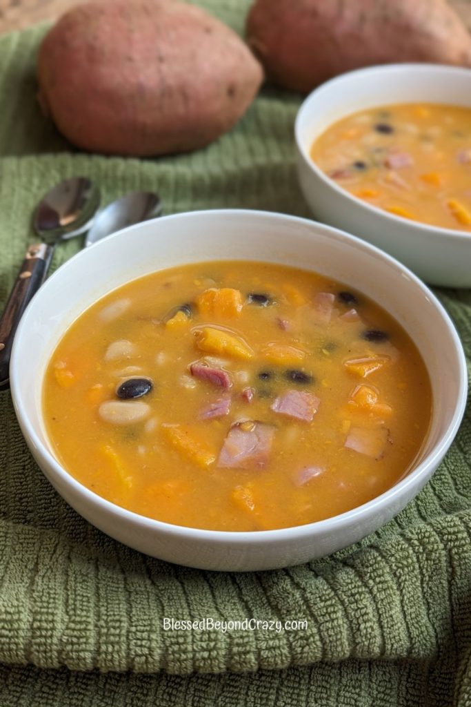 Ready-to-eat hot soup with beans, ham, and sweet potatoes.