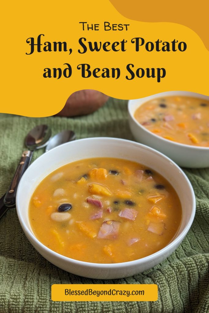 Pinterest image of a bowl of Ham, Sweet Potato and Bean Soup