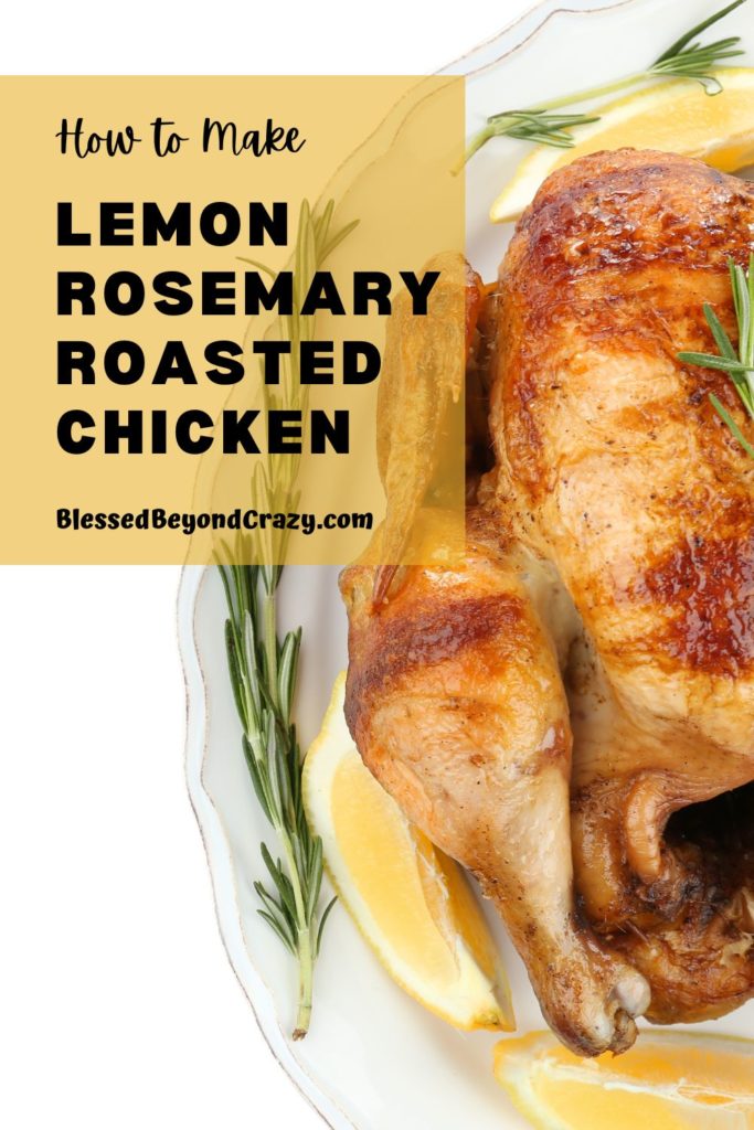 Pinterest image of half of a whole roasted chicken with lemon and rosemary.