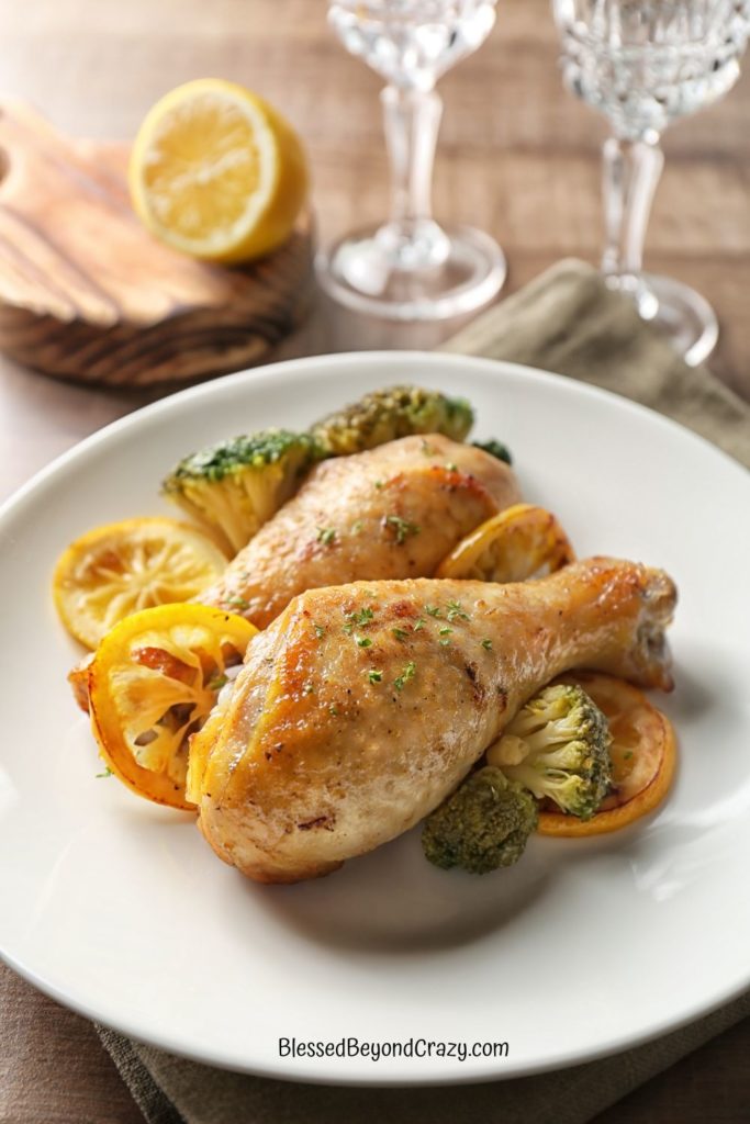 Two chicken legs with lemons and broccoli.