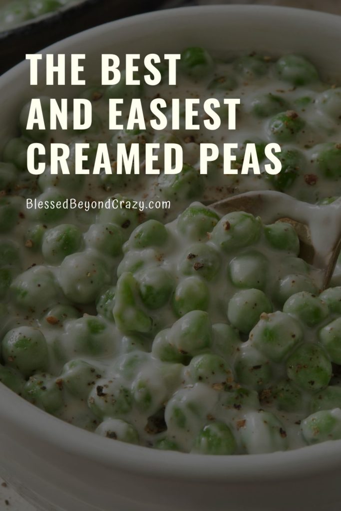 Pinterest image showing spoon in bowl of creamed peas.