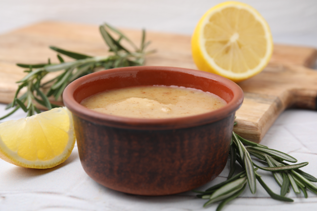 Small bowl of gravy with rosemary and fresh lemon
