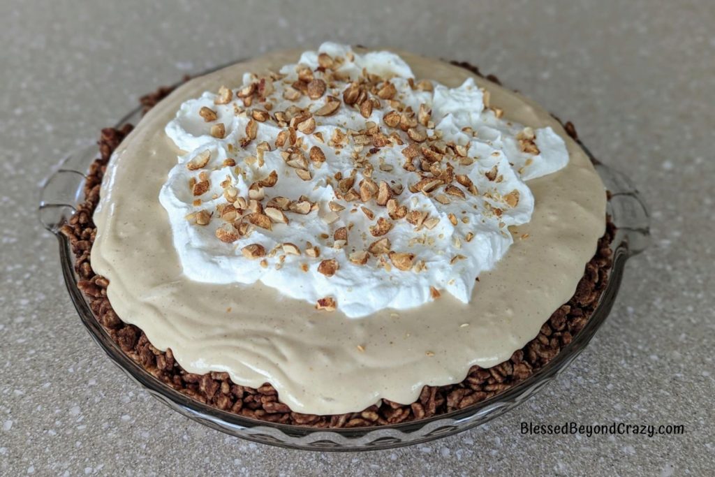 Freshly made Peanut Butter Pie ready to place in refrigerator to chill.