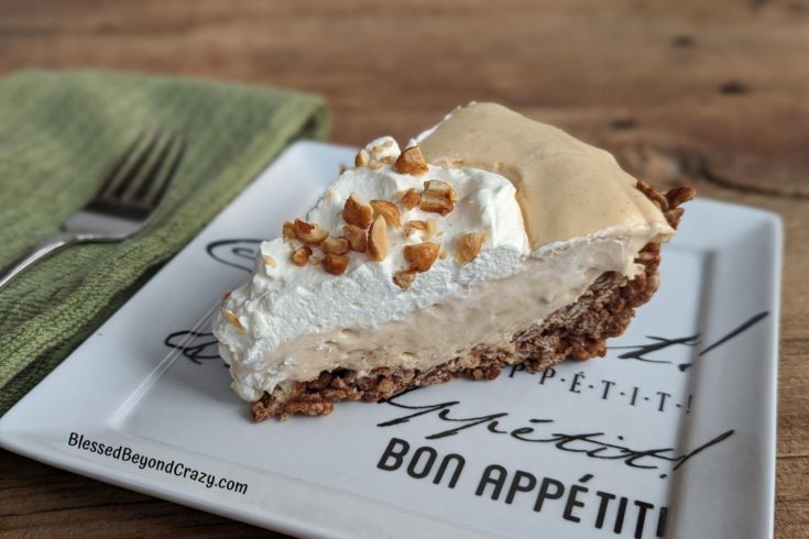 Close up horizontal view of peanut butter pie with whipped topping and chopped peanuts.