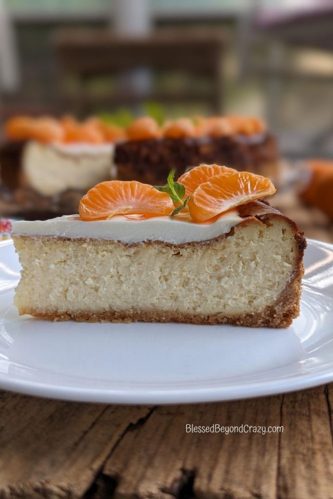 Side view of serving of Orange White Chocolate Cheesecake.