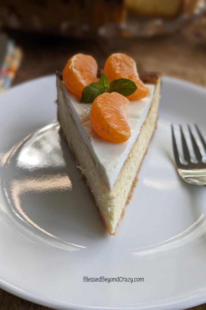 Close up view of individual serving of cheesecake with orange slices and fresh mint.