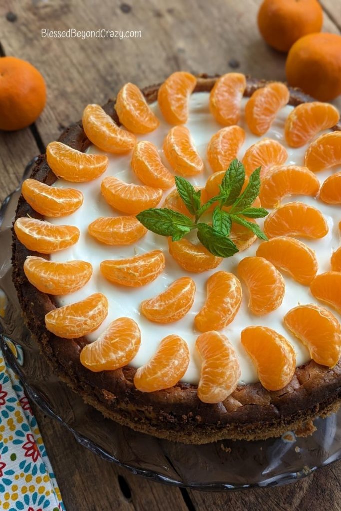 Overhead photo of cheesecake showcasing orange slices and fresh mint.