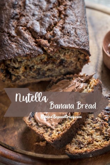 Pinterest image of a loaf of freshly baked Nutella Banana Bread.