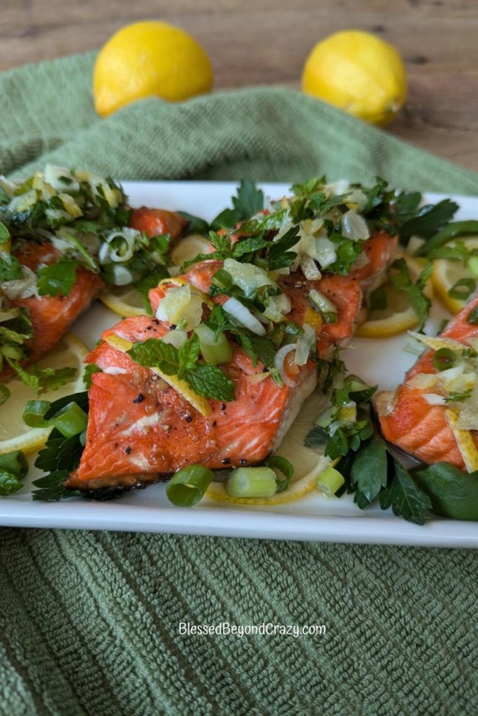 Close up photo of individual salmon steak ready to eat.