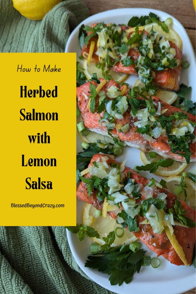 Pinterest image of ready-to-eat Sockeye salmon and homemade lemon salsa.