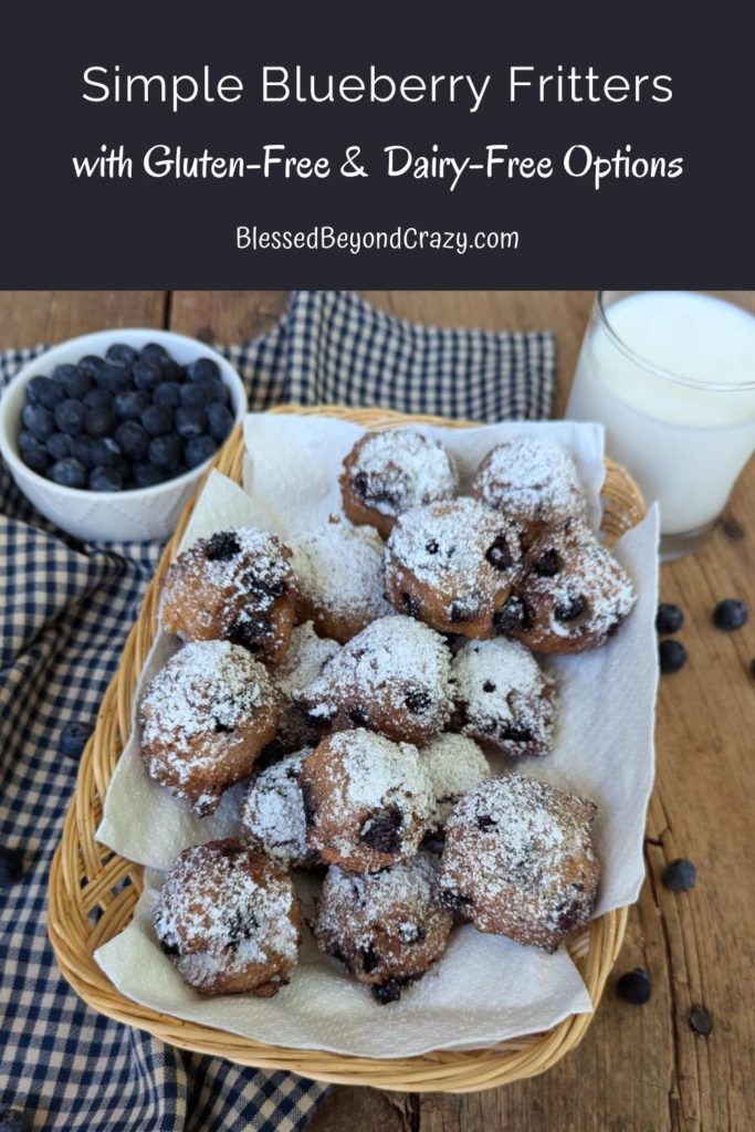 Pinterest image with blueberry fritters, a glass of milk, and bowl of blueberries.