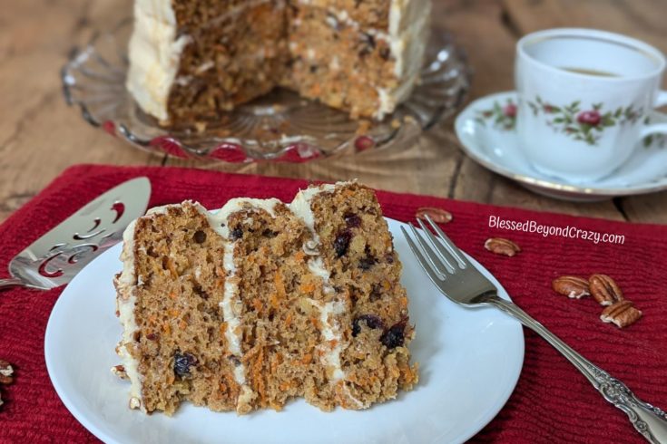 Horizontal view of slice of cranberry pineapple pecan carrot cake.