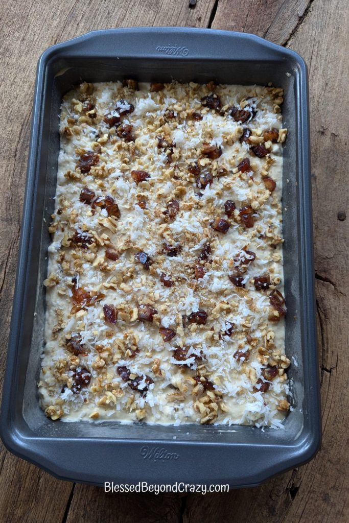 Overhead photo of coffee cake ready to place into the oven.