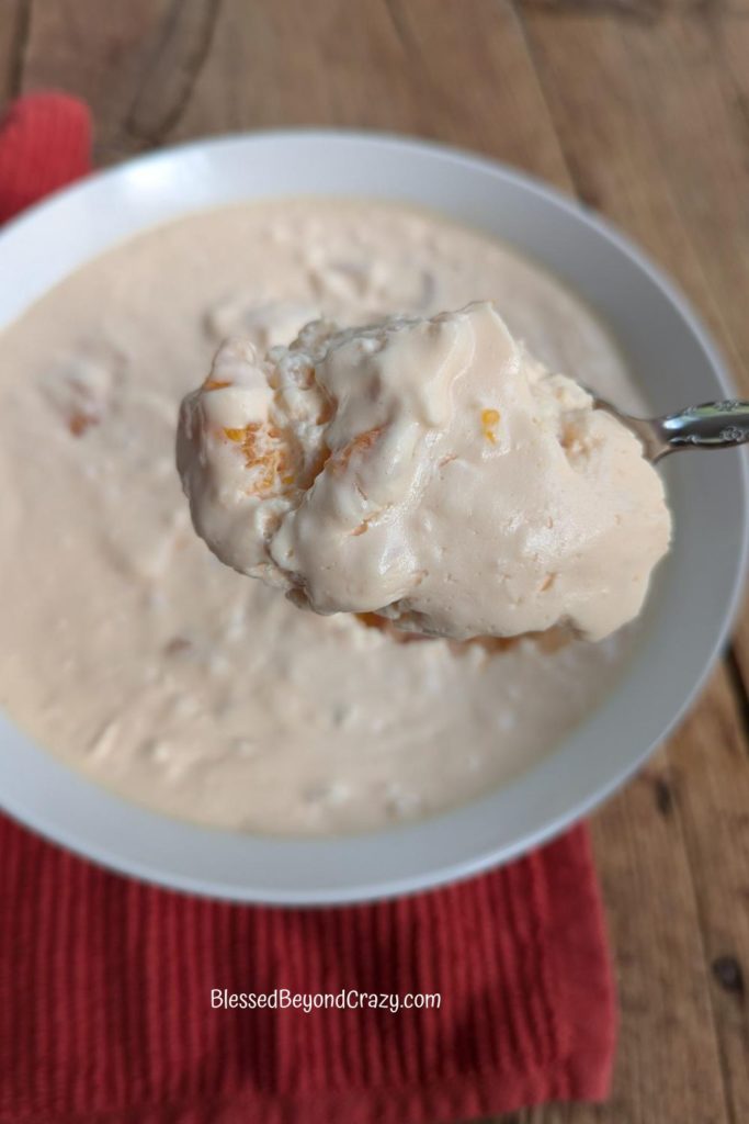 Close up view of spoonful of salad.