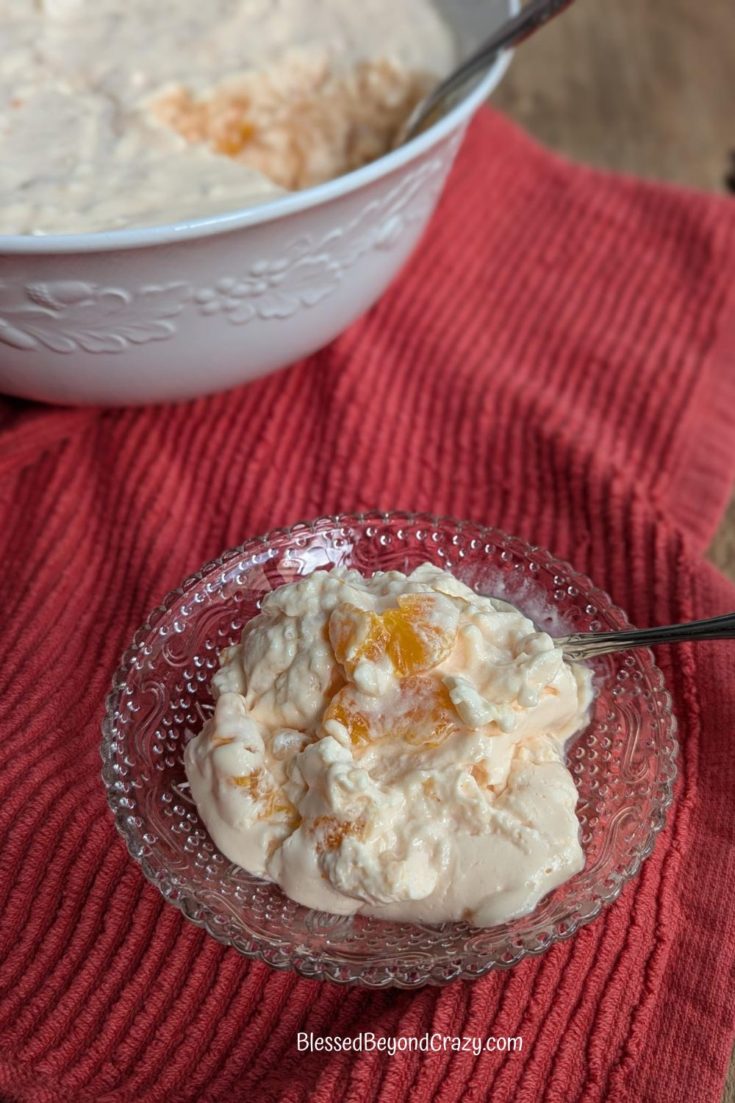 Close up view of individual serving of orange pineapple tapioca salad.