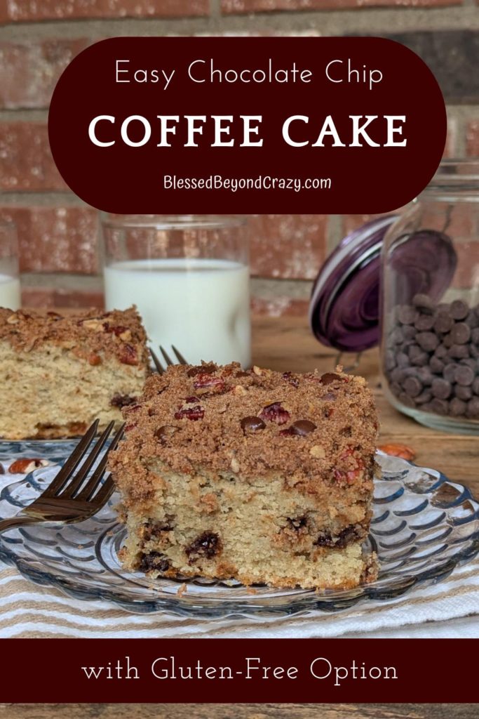 Pinterest image of close-up view of individual serving of chocolate chip coffee cake.