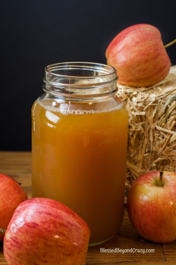 Vertical photo of a jar of apple cider with fresh apples around it and a small bale of straw.