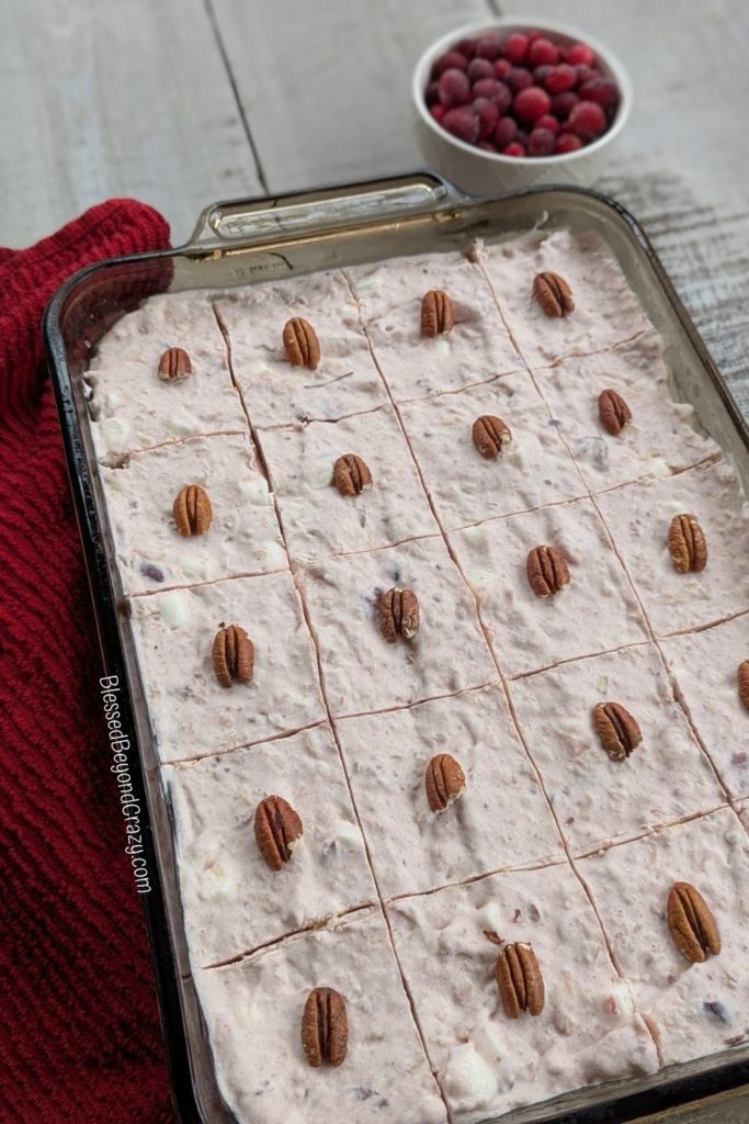 Overhead photo of 9 x 13 baking dish with ready-to-serve Holiday Cranberry Salad