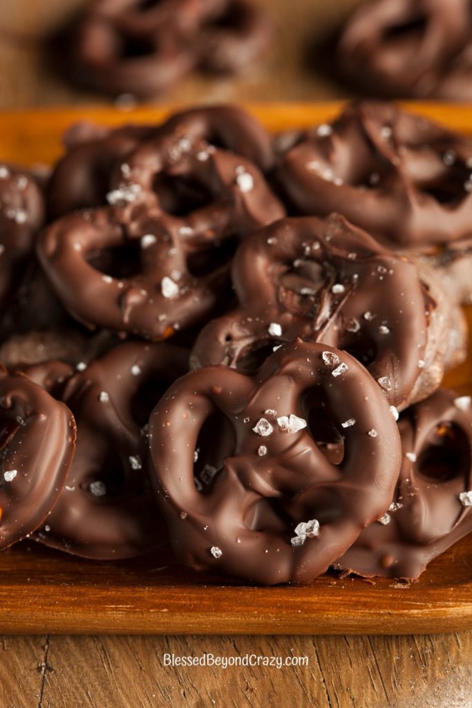 Close up photo of chocolate covered pretzels.