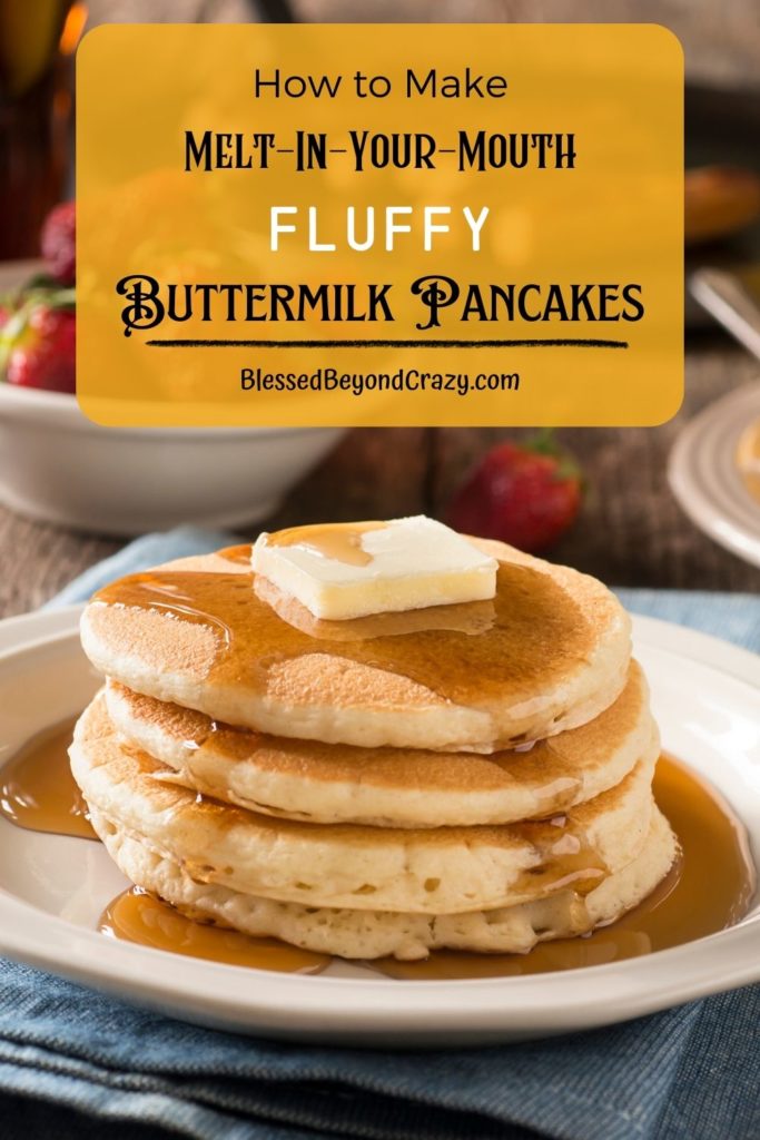 Pinterest image of fluffy buttermilk pancakes.