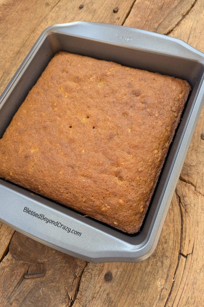 Overhead view of freshly baked banana pecan cake.